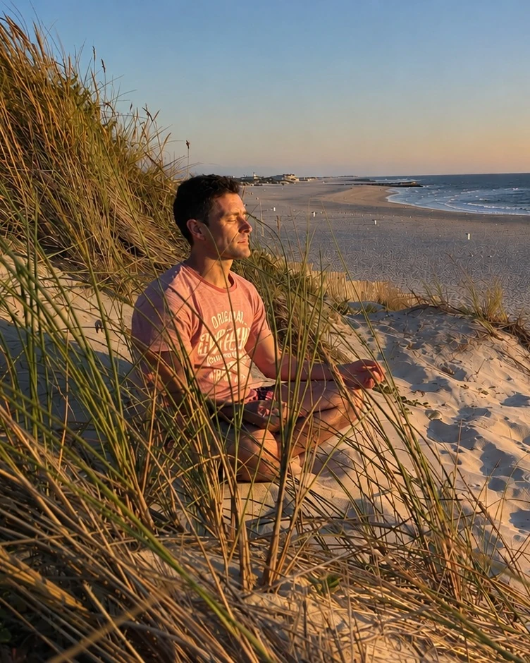 Leonel de Sousa meditando en las dunas, frente al mar al atardecer